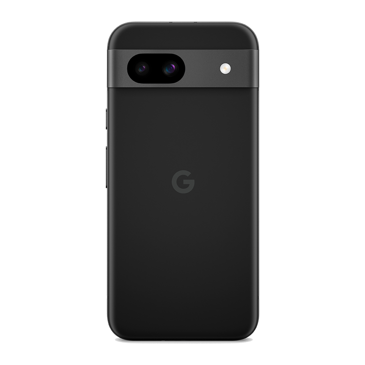 Google Pixel 8a Obsidian color back view with camera and Google logo