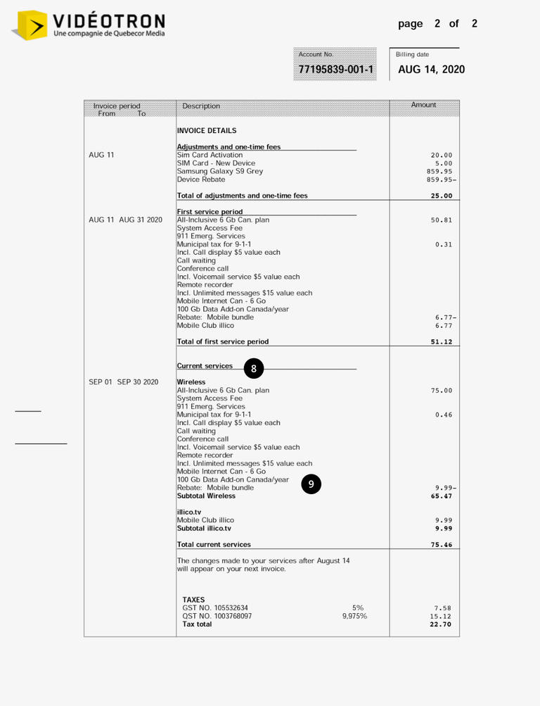 First invoice explanation: Mobile | Videotron