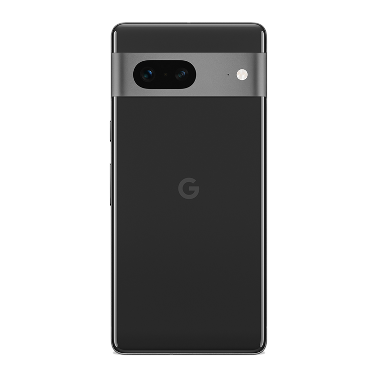 Google Pixel 7 couleur noir volcanique vu de l’arrière, montrant l’appareil photo arrière et le logo Google en dessous.
