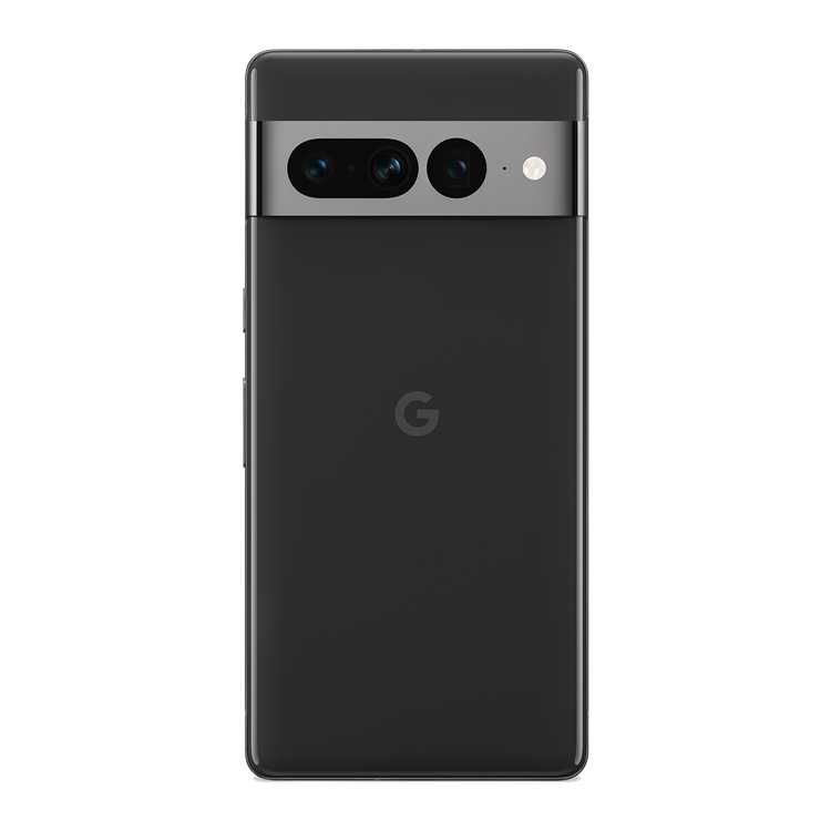 Google Pixel 7 Pro couleur noir volcanique vu de l’arrière, montrant l’appareil photo arrière et le logo Google en dessous.