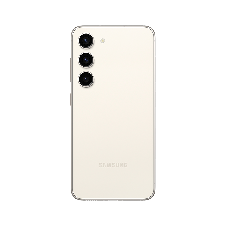 Samsung Galaxy S23 vu de l’arrière, montrant l’appareil photo arrière et le logo Samsung en dessous.