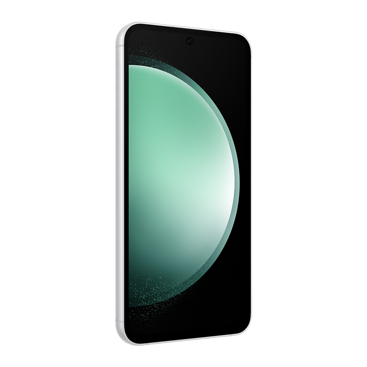 Samsung Galaxy S23 FE couleur Menthe vu du côté sans les touches d’alimentation et de volume.