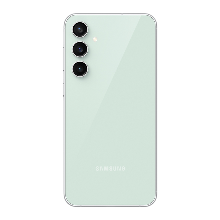 Samsung Galaxy S23 FE couleur Menthe vu de l’arrière, montrant l’appareil photo arrière et le logo Samsung en dessous.