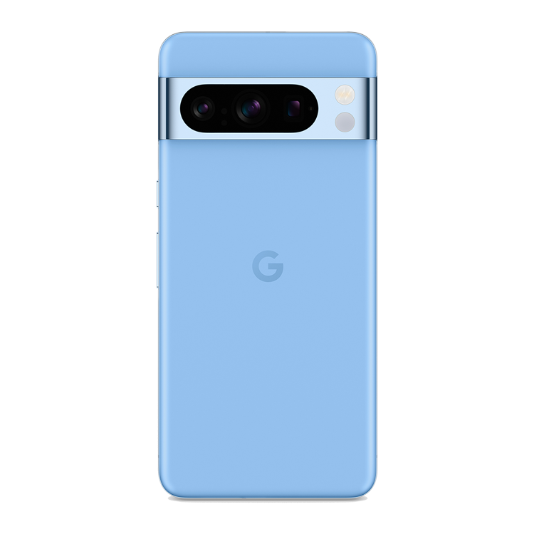 Google Pixel 8 Pro couleur Baie vu de l’arrière, montrant l’appareil photo arrière et le logo Google en dessous.