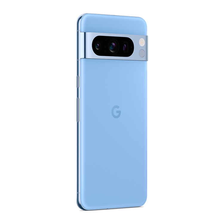 Google Pixel 8 Pro in Bay seen from the power and volume key side at an angle.