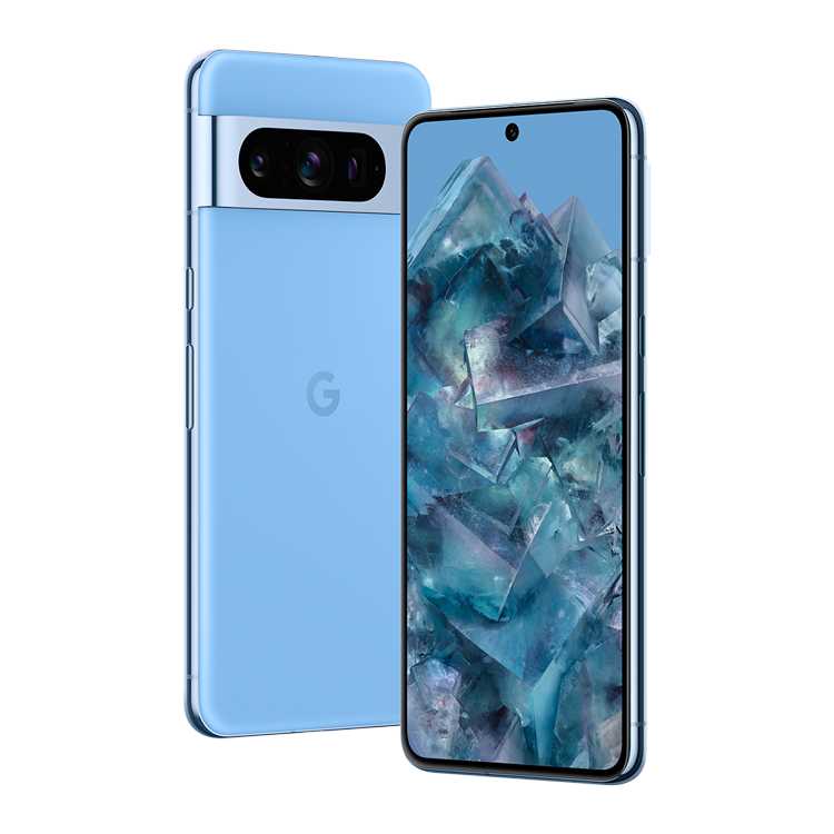 Deux téléphones Google Pixel 8 Pro couleur Baie, l’un vu de l’arrière et l’autre de l’avant.