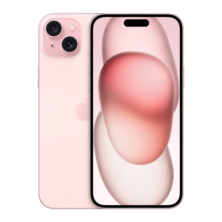 Deux téléphones iPhone 15 Plus couleur Rose, l’un vu de l’arrière et l’autre de l’avant.