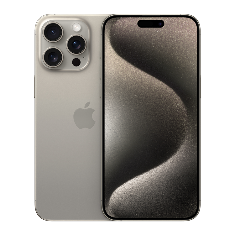 Deux téléphones iPhone 15 Pro Max couleur Titane naturel, l’un vu de l’arrière et l’autre de l’avant.