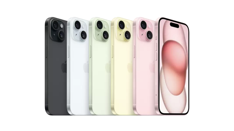 Five iPhones 15 seen from the front, in Black, Blue, Green, Yellow, and Pink.