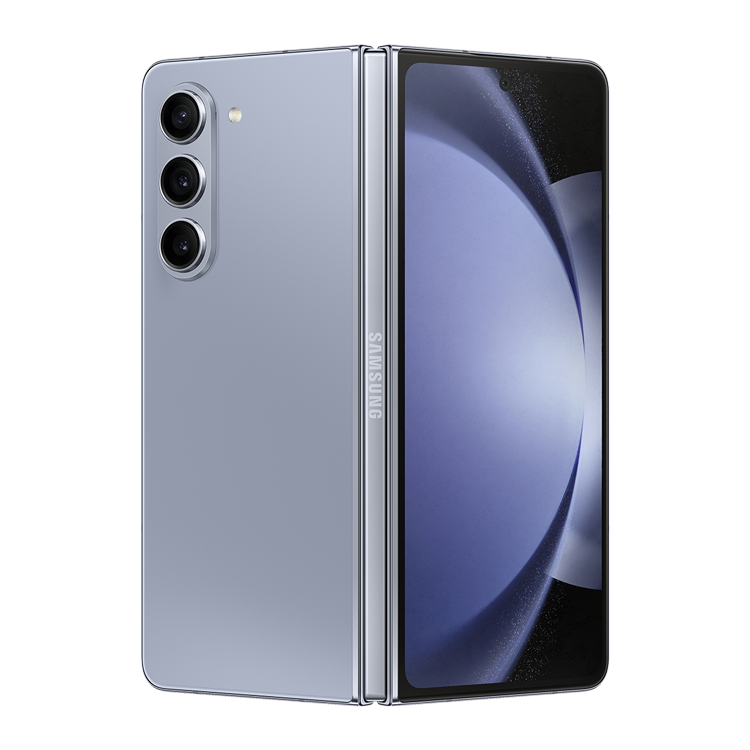 Samsung Galaxy Fold5 back view open with camera and samsung logo 
