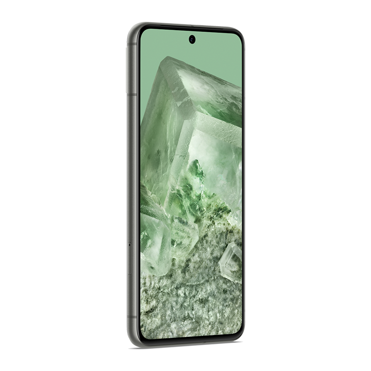 google pixel 8 couleur vert lichen vue de côté sans les touches d’alimentation et de volume.