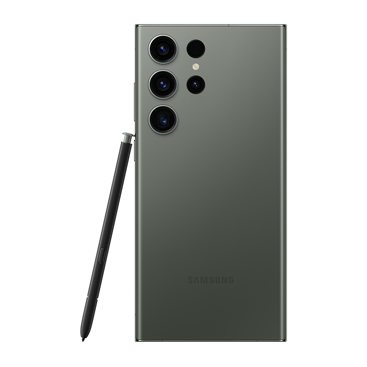 Samsung Galaxy S23 Ultra vu de l’arrière, montrant l’appareil photo arrière et le logo Samsung en dessous.