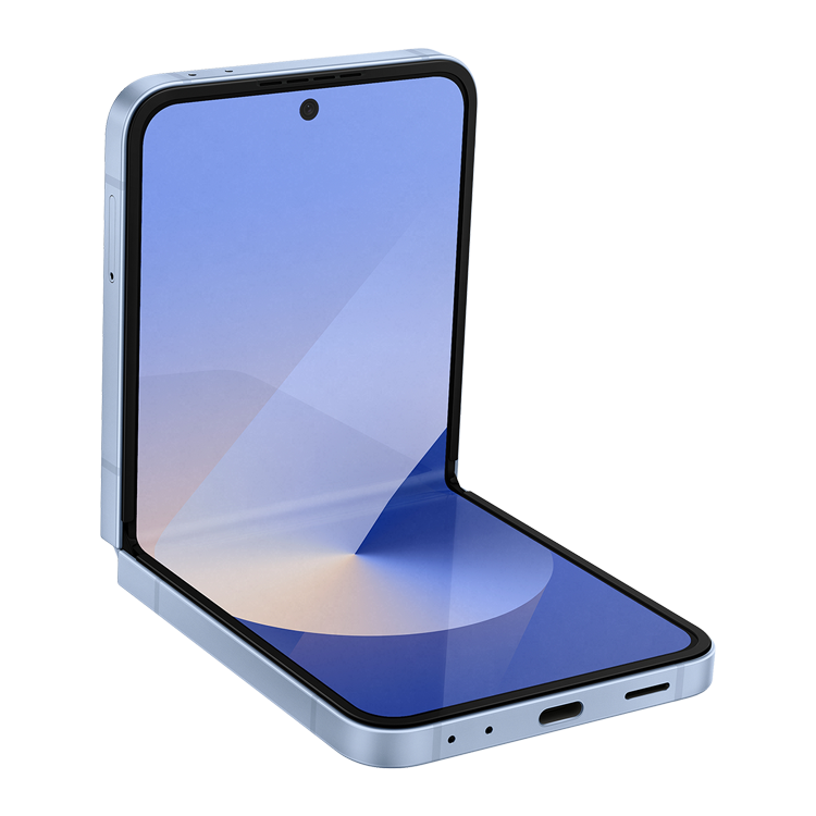 Samsung Galaxy Z Flip6 - Couleur Bleu - vue de face pliée et de dos