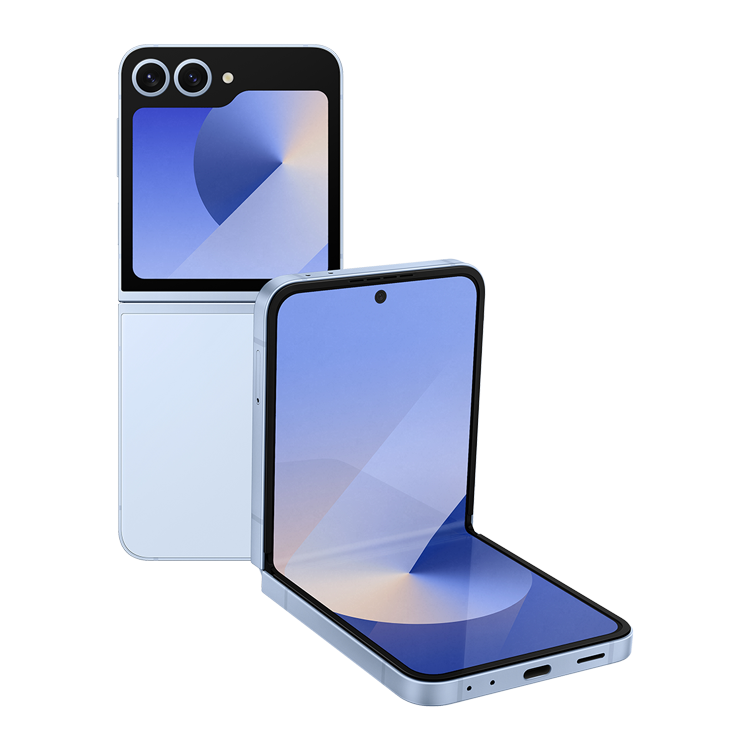 Samsung Galaxy Z Flip6 - Couleur Bleu - vue de face pliée et de dos