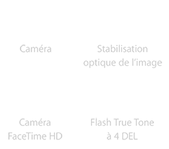 Caméra de 12 mega-pixel, Stabilisation optique de l'image, Caméra FaceTime HD, Flash True Tone à 4 DEL