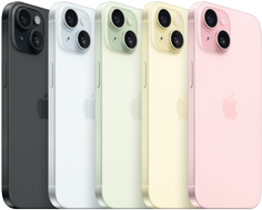 Vue arrière de cinq iPhone 15 montrant le système caméra avancé et le verre pigmenté du boîtier dans les différents finis : noir, bleu, vert, jaune et rose.