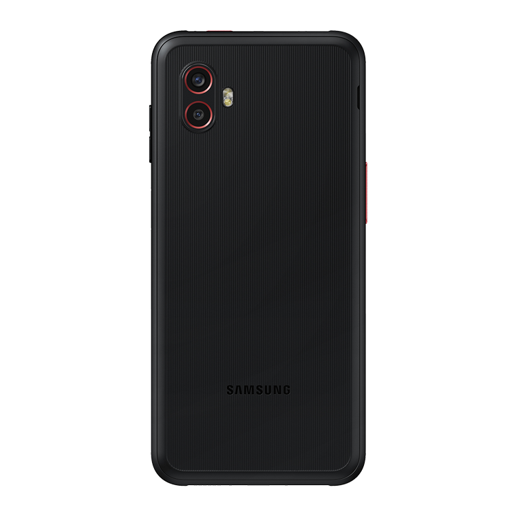 Samsung Galaxy XCover6 Pro couleur noir vu de l’arrière, montrant l’appareil photo arrière et le logo Samsung en dessous.