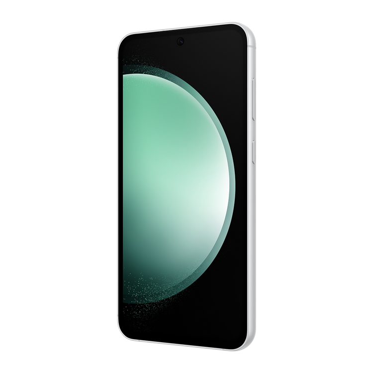 Samsung Galaxy S23 FE couleur Menthe vu du côté des touches d’alimentation et de volume.